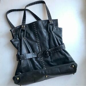 Vintage Y2K Trina Turk Purse Black Leather Whipstitch Belted Shoulderbag